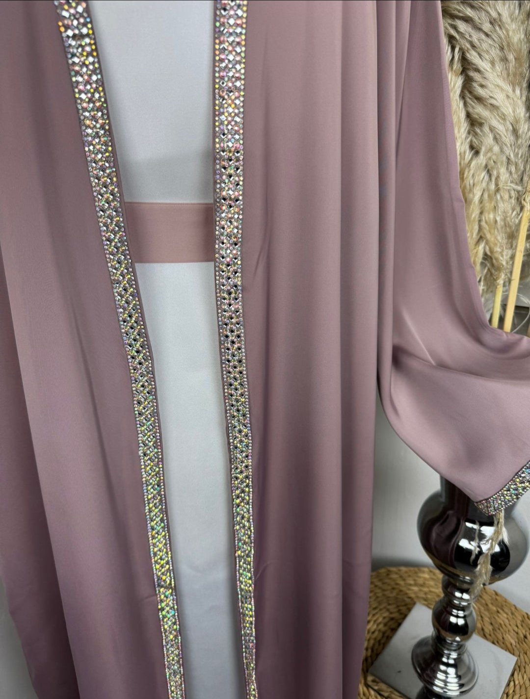 Taupe Abaya With Diamond Front & White Under Dress / Belt £50 / 2 for £95