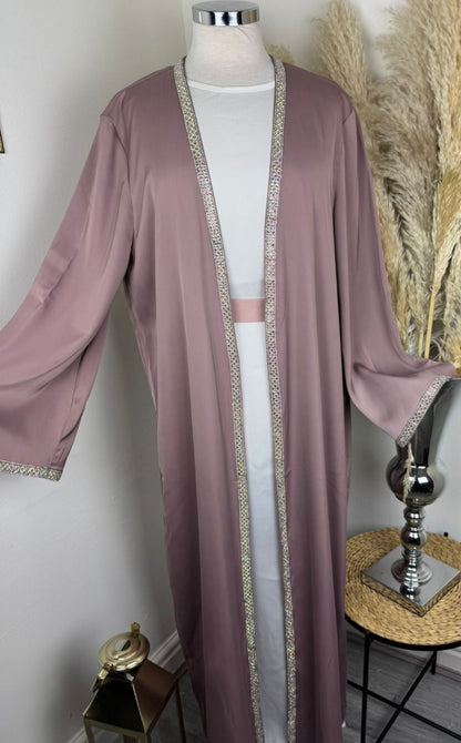 Taupe Abaya With Diamond Front & White Under Dress / Belt £50 / 2 for £95